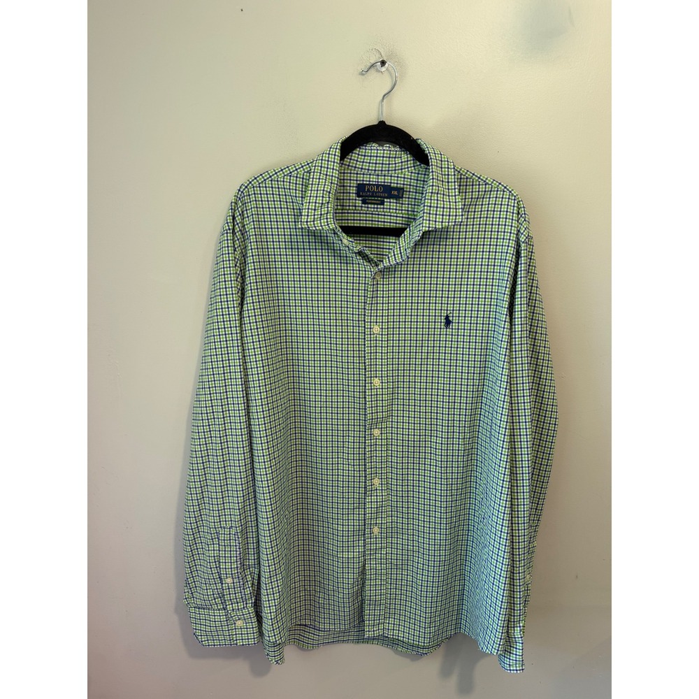 Polo Ralph Lauren Performance Mens XXL Green Blue Gingham Button Down Shirt